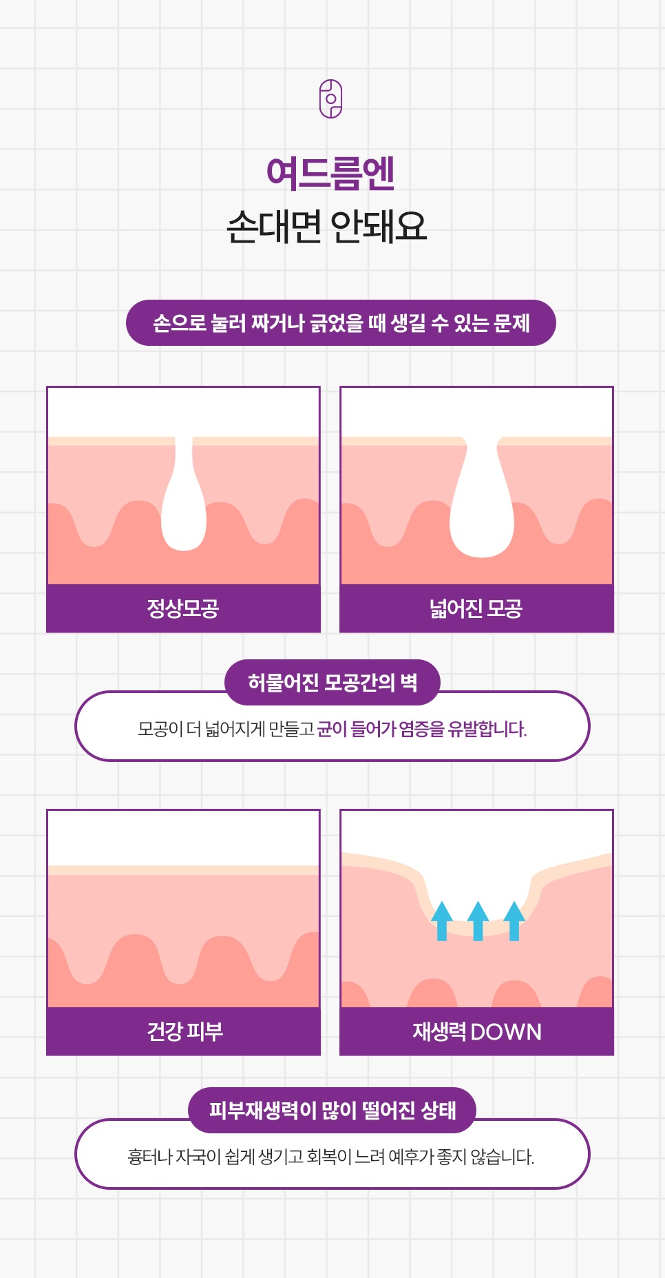 손으로 여드름을 짜거나 긁을 때 발생하는 문제점