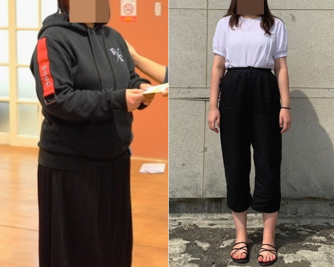 후드 상의와 긴 치마 차림이 흰 반소매와 검은 크롭 바지 차림으로 달라진 다이어트 전후 비교