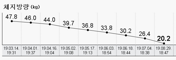 19년 3월 14일 47.8kg에서 8월 29일 20.2kg까지 아홉 번 이어진 체지방량 변화 그래프